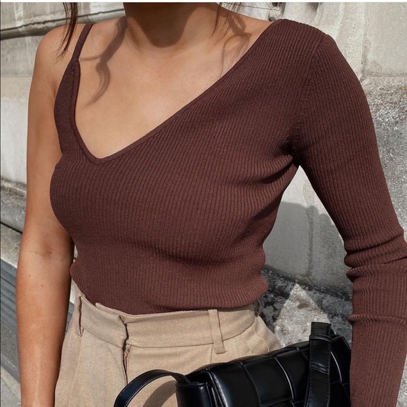 Zara Asymmetric Knit Top Chocolate - Picture 3 of 16